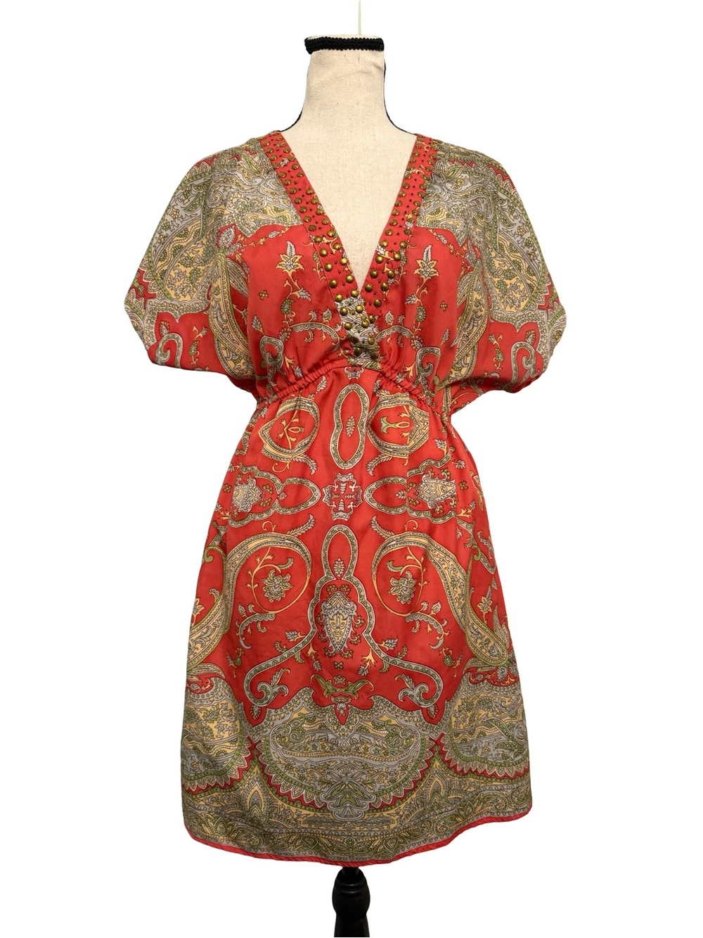 Angie Paisley Studded V Neck Boho Tunic Dress Coral Orange Medium